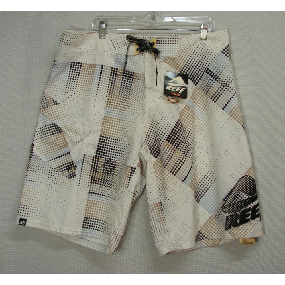 New Reef Board Shorts White Khaki Dot Me Psycho Suede Swim Trunks Mens 38x13